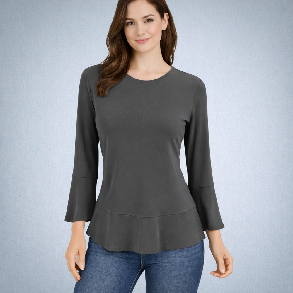 Sympli Size 6 Grey Gray Crew Neck Ruffle Bell 3/4 Sleeve Peplum Artsy Knit Top